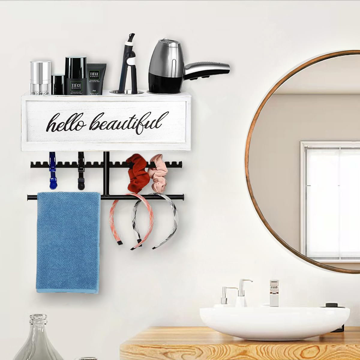 Hokku Designs Rustic Hair Dryer Holder Wall Mounted Hair Styling Tools Accessories Organizer Bathroom Supplies Hot Tools Vanities Organizer Caddy For Storage Flat Iron Blow Dryer Curling Iron Towel Wa...
